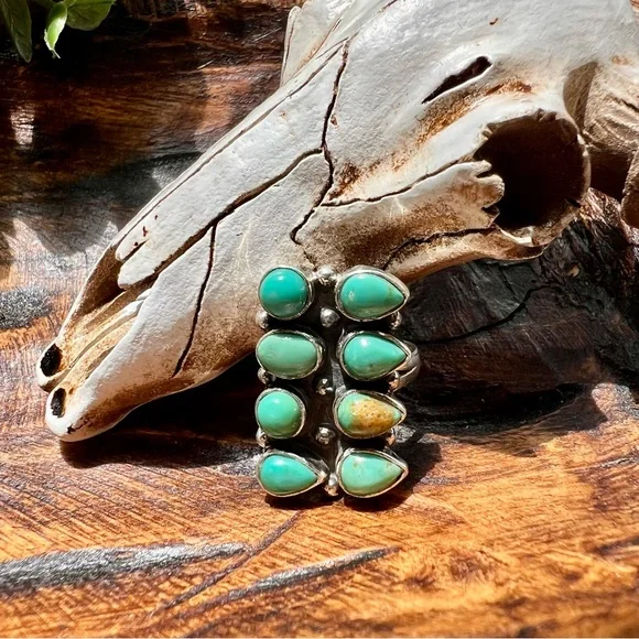 925 Sterling Silver Kingman Turquoise Rectangle Cluster Ring Sz 8 • Southwestern - Picture 2 of 10